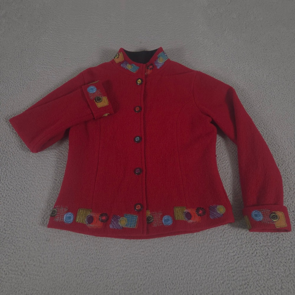 Icelandic Design Jacket Womens Large Red 100% Wool Embroidered Applique Artsy